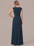 V-Neck Cap Sleeve Diamond Ruched Waistband Side Cascade Chiffon A-Line Mother of the Bride Dress
