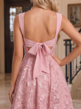 Wide Strap Sweetheart Allover Floral Lace Open Back Bow Tie A-Line Mini Dress