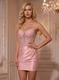 Strapless Sweetheart Rhinestone Illusion Corset Satin Homecoming Dress with Ruched Dress