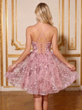 Spaghetti Strap Sweetheart Sequin Floral A-Line Tulle Mini Dress