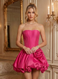 Strapless Corset Pearl Trim 3D Rose Bubble Skirt Satin Mini Dress