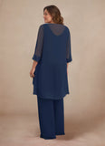 Plus Size 3-Piece Beaded Scoop Neck Chiffon Lace Mother of the Bride Pant Suit with Jacket