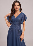 V-Neck Flutter Sleeve Sequin Floral Embroidered Chiffon A-Line Mother of the Bride Dress