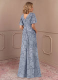 V-Neck Flutter Sleeve Floral Jacquard A-Line Mother of the Bride Dress