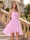 Spaghetti Strap Sweetheart Ruched Beaded Waist High-Low Chiffon A-Line Mini Dress