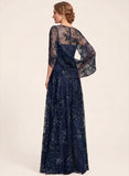 Illusion Scoop Neck Split Cape Sleeve Allover Sequin Floral Lace A-Line Mother of the Bride Dress