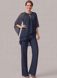 2-Piece Beaded Jewel Neck Batwing Sleeve Tiered Chiffon Pantsuit