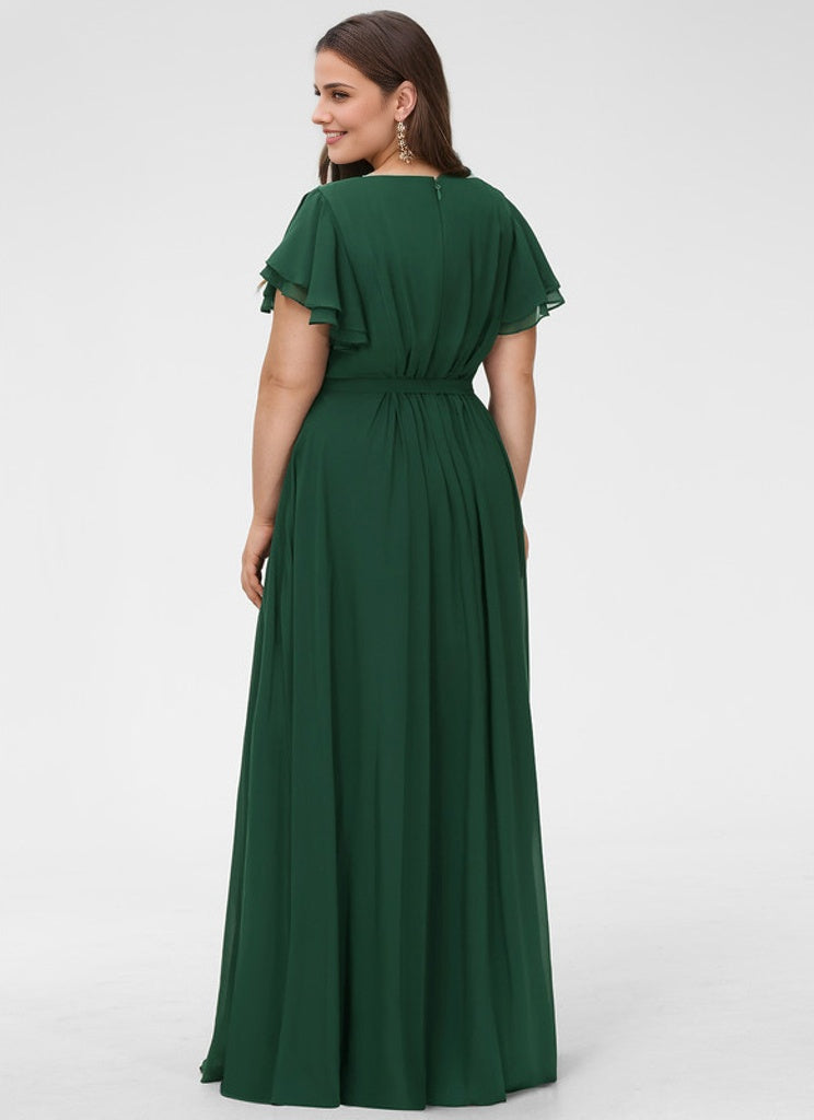A-line Scoop Floor-Length Chiffon Bridesmaid Dress With Ruffle RoseProm A-line Scoop Floor-Length Chiffon Bridesmaid Dress With Ruffle RoseProm