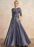 A-line Scoop Illusion Floor-Length Satin Lace Mother of the Bride Dress With Sequins Bow