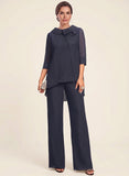 2-Piece Bow Collar 3/4 Sleeve Asymmetric Hem Chiffon Mother of the Bride Pantsuit