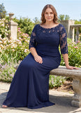 Plus Size Scoop Neck Illusion Lace Applique 3/4 Sleeve Diagonal Ruched Sheath Mother of the Bride Dress