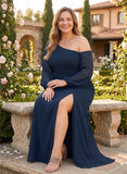 Plus Size One Shoulder Lantern Sleeve Side Ruched Front Slit Chiffon Evening Dress