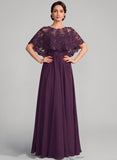 Illusion Scoop Neck Sequin Lace Cape Sleeve Ruched Waist Chiffon A-Line Mother of the Bride Dress