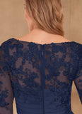 Bateau Neck 3/4 Illusion Lace Sleeve Ruched Sheath Mother of the Bride Dress