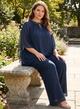 Plus Size Beaded Jewel Neck Keyhole Batwing Sleeve Asymmetric Tiered Chiffon Pantsuit