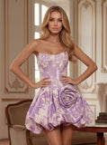 Strapless Sweetheart Floral Jacquard Boned Corset 3D Rose Bubble Dress Mini Dress