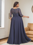 A-line Scoop Illusion Floor-Length Lace Chiffon Mother of the Bride Dress With Pleated Sequins