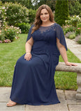 Plus Size Scoop Neck Illusion Lace Applique Chiffon Cape Sleeve Ruched A-Line Mother of the Bride Dress