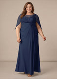 Bateau Neck Lace Applique Cape Sleeve Ruched Chiffon Mother of the Bride Dress