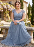 Plus Size V-Neck Cap Sleeve 3D Floral Lace Applique Tulle Dress