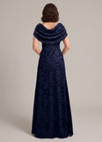 Cowl Neck Cap Sleeve Floral Jacquard A-Line Mother of the Bride Dress with Brooch & Side Slit