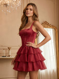 Square Neck Wide Strap Corset Satin Homecoming Dress with Tiered Organza Ruffle Dress & Lace-Up Back