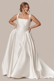 Square Neck Wide Strap Boned Corset Pockets A-Line Satin Wedding Dress with Train