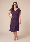 Plus Size V-Neck Flutter Sleeve Ruched Waist Chiffon Tea Length Mother of the Bride Dress