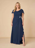 Scoop Neck Cowl Cape Sleeve Beaded Brooch Cascade Ruffle Mother of the Bride Dress with Side Slit