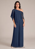 One Shoulder Draped Cape Chiffon Wide-Leg Jumpsuit for Mother of the Bride