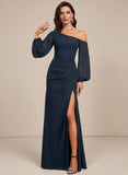 One Shoulder Lantern Sleeve Ruched Waist Side Slit Chiffon Evening Dress