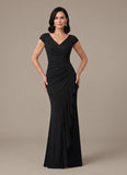 V-Neck Cap Sleeve Ruched Jersey Mother of the Bride Dress with Cascade Ruffle & Side Slit
