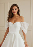 Ball-Gown/Princess Off the Shoulder Sweep Train Satin Wedding Dress With Ruffle