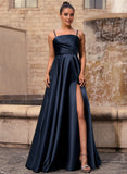 A-line Straight Floor-Length Satin Prom Dresses With Pleated