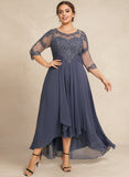 Plus Size A-line Scoop Illusion Asymmetrical Lace Chiffon Mother of the Bride Dress With Cascading Ruffles