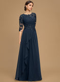 A-line Scoop Floor-Length Lace Chiffon Mother of the Bride Dress With Cascading Ruffles Sequins