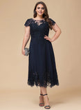 Plus Size A-line Scoop Illusion Tea-Length Lace Chiffon Mother of the Bride Dress With Sequins