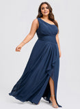 Plus Size A-line One Shoulder Floor-Length Chiffon Bridesmaid Dress With Ruffle