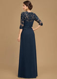 A-line Scoop Floor-Length Lace Chiffon Mother of the Bride Dress With Cascading Ruffles Sequins