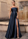 A-line Straight Floor-Length Satin Prom Dresses With Pleated