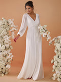 Women's V Neck Long Sleeves Floor Length Ruched Chiffon Formal Dress