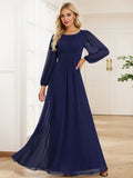 Women's Crewneck Long Lantern Sleeves Floor Length A-Line Pleated Chiffon Formal Dress