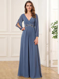 Women's V Neck Long Sleeves Floor Length Ruched Chiffon Formal Dress