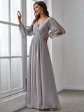 Women's V Neck Long Sleeves Floor Length Ruched Chiffon Formal Dress