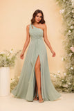 A-Line Chiffon One Shoulder Floor-Length Bridesmaid Dresses with Slit