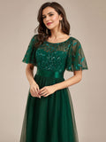 Women's Crew Neck Sequin Ruffle Sleeve Empire Waist Beaded Long Evening Dresses