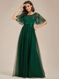 Women's Crew Neck Sequin Ruffle Sleeve Empire Waist Beaded Long Evening Dresses