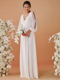 Women's V Neck Long Sleeves Floor Length Ruched Chiffon Formal Dress