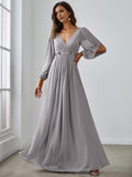 Women's V Neck Long Sleeves Floor Length Ruched Chiffon Formal Dress