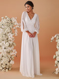 Women's V Neck Long Sleeves Floor Length Ruched Chiffon Formal Dress